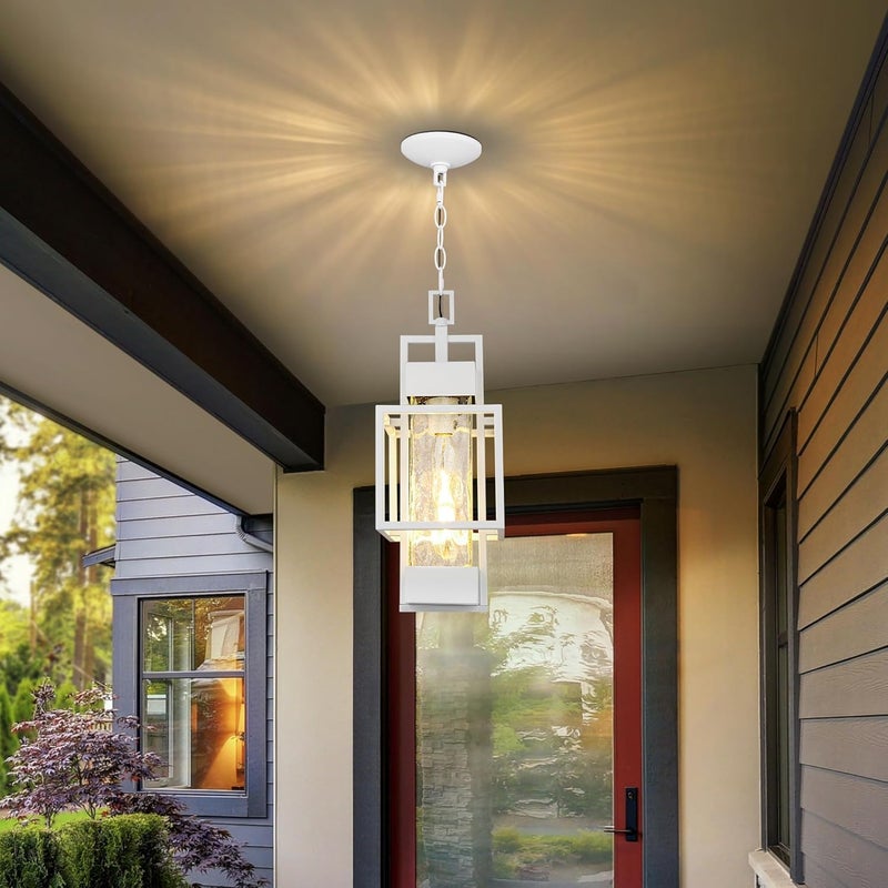 PARTPHONER 15" Outdoor Indoor Pendant Light Exterior Hanging Lantern, Modern Metal Outside Chandelier Light Fixture Ceiling Mount with Water Glass for Front Porch Entrance Foyer Entryway, White - Image 1